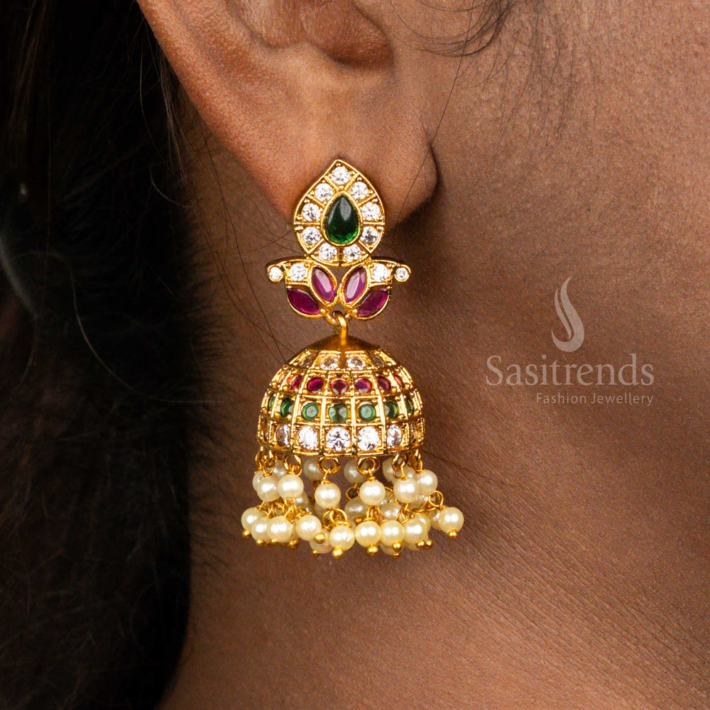 Premium Matte Gold Plated Floral Ad Jhumka Pearl  Temple Wear Earrings - Sasitrends 