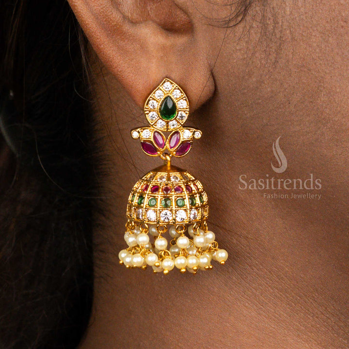 Premium Matte Gold Plated Floral Ad Jhumka Pearl  Temple Wear Earrings - Sasitrends 