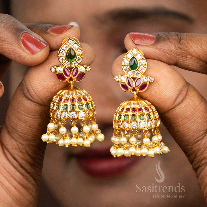 Premium Matte Gold Plated Floral Multi Ad Stone Jhumka Pearl Earrings , Temple Wear - Sasitrends 
