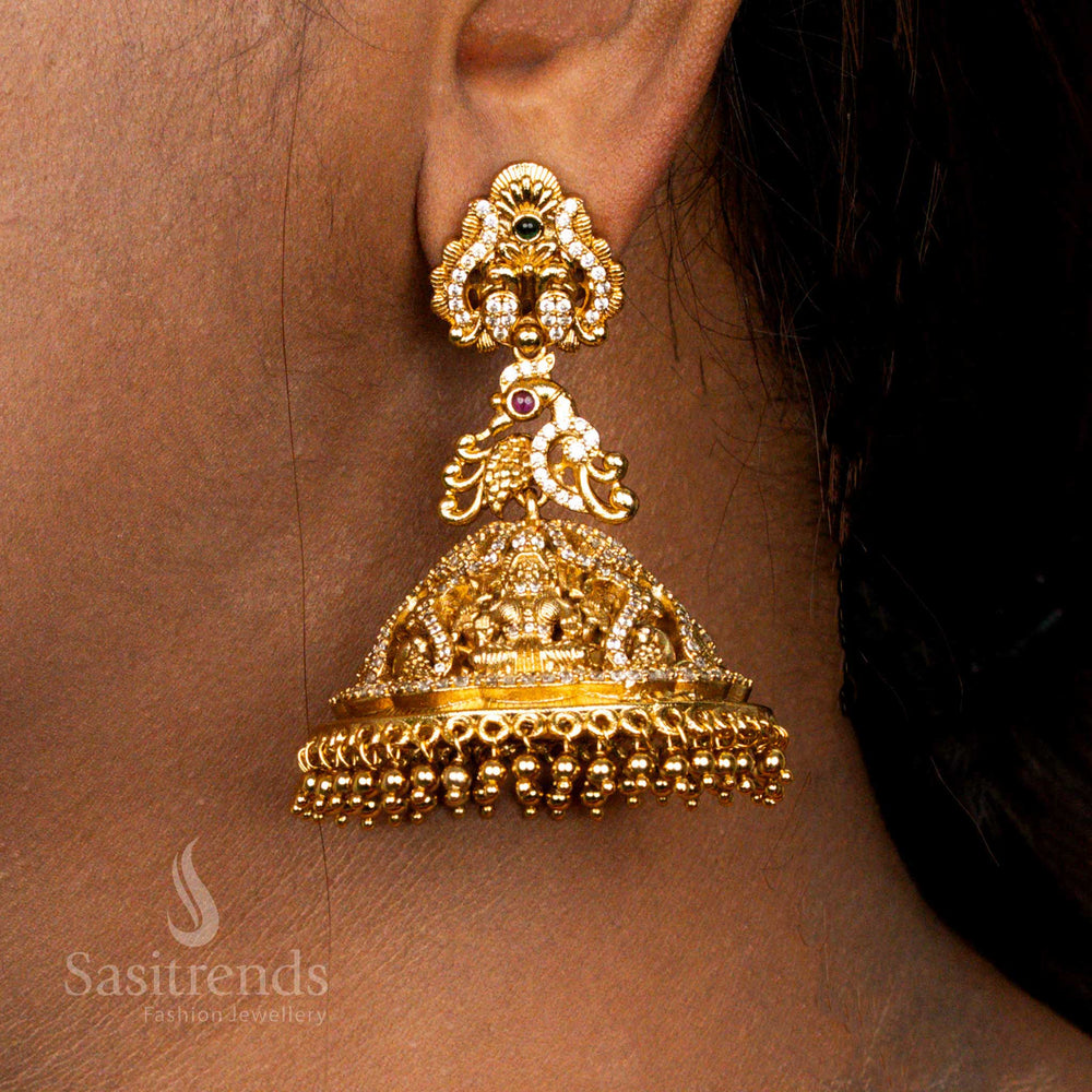Premium Matte Gold Plated Lakshmi Peacock Ad Jhumka Earrings , Wedding Temple Wear - Sasitrends 