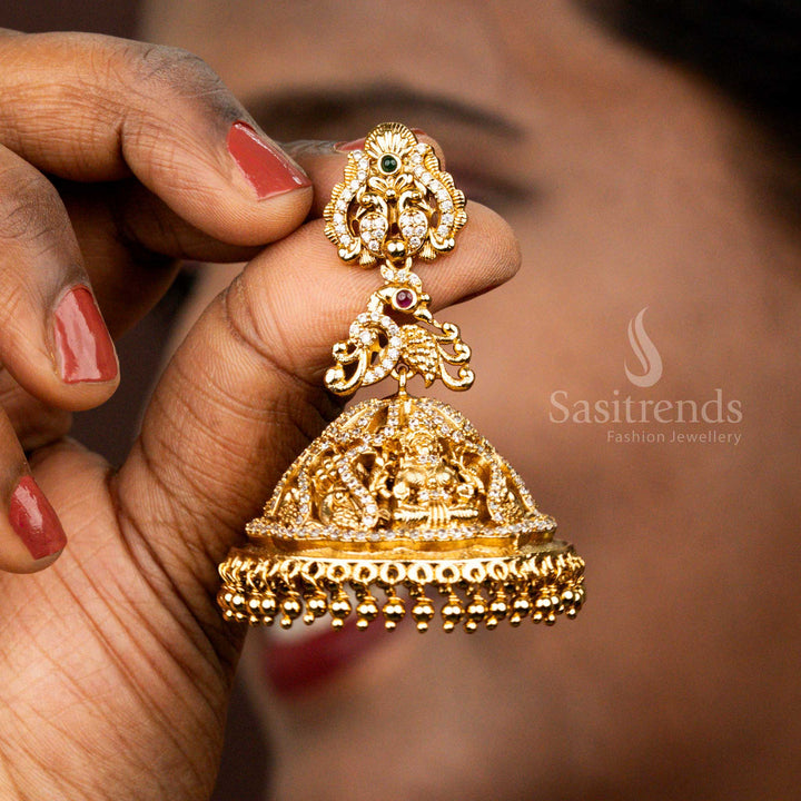 Wedding Wear Premium Matte Gold Plated Lakshmi Peacock Ad Jhumka Earrings , Temple Wear - Sasitrends 