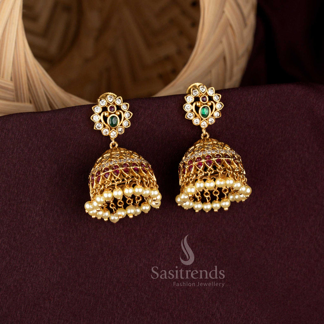 Traditional matte gold temple earrings with floral stud and pearls sasitrends