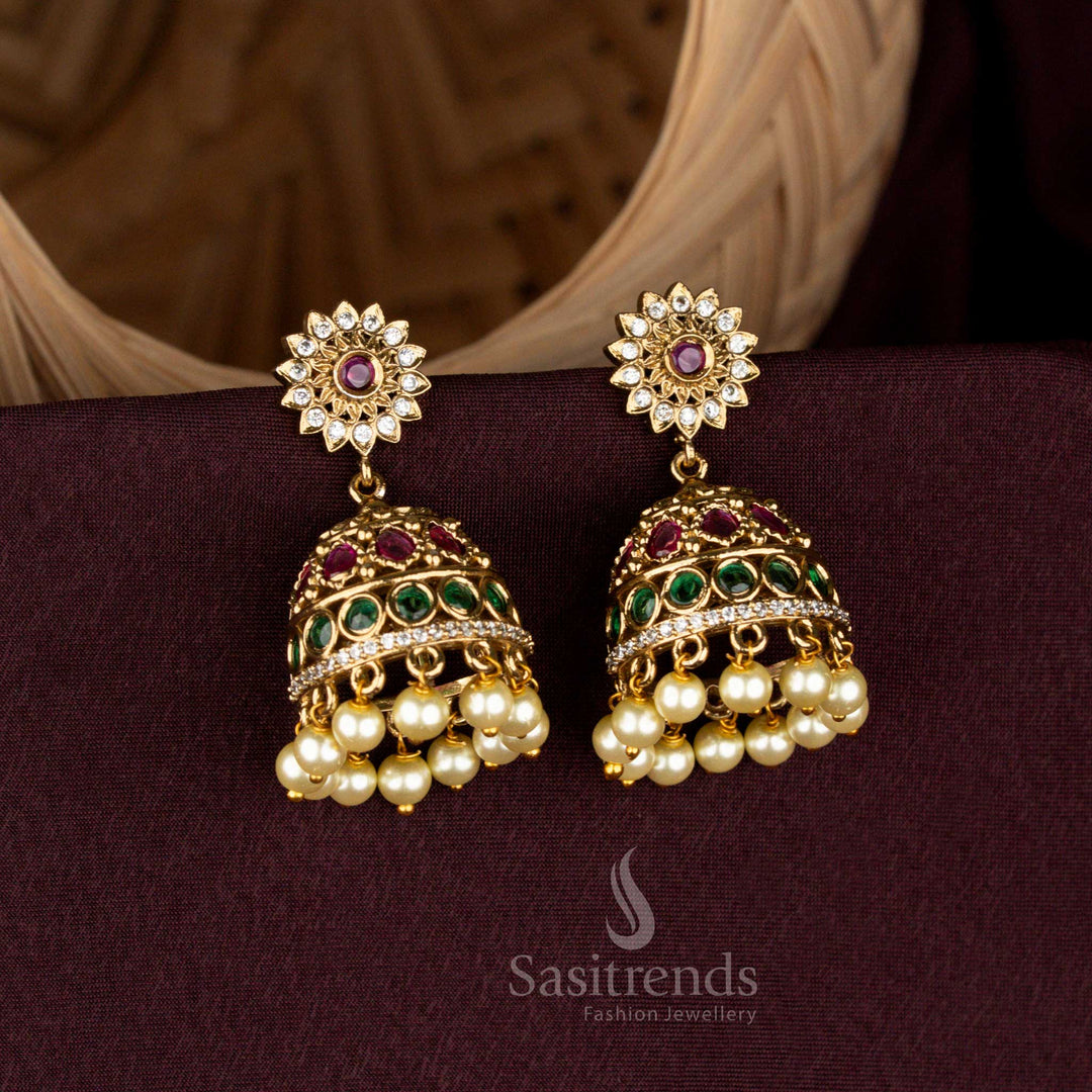 Distinguished matte gold floral stud temple jhumka earrings with pearl drops sasitrends
