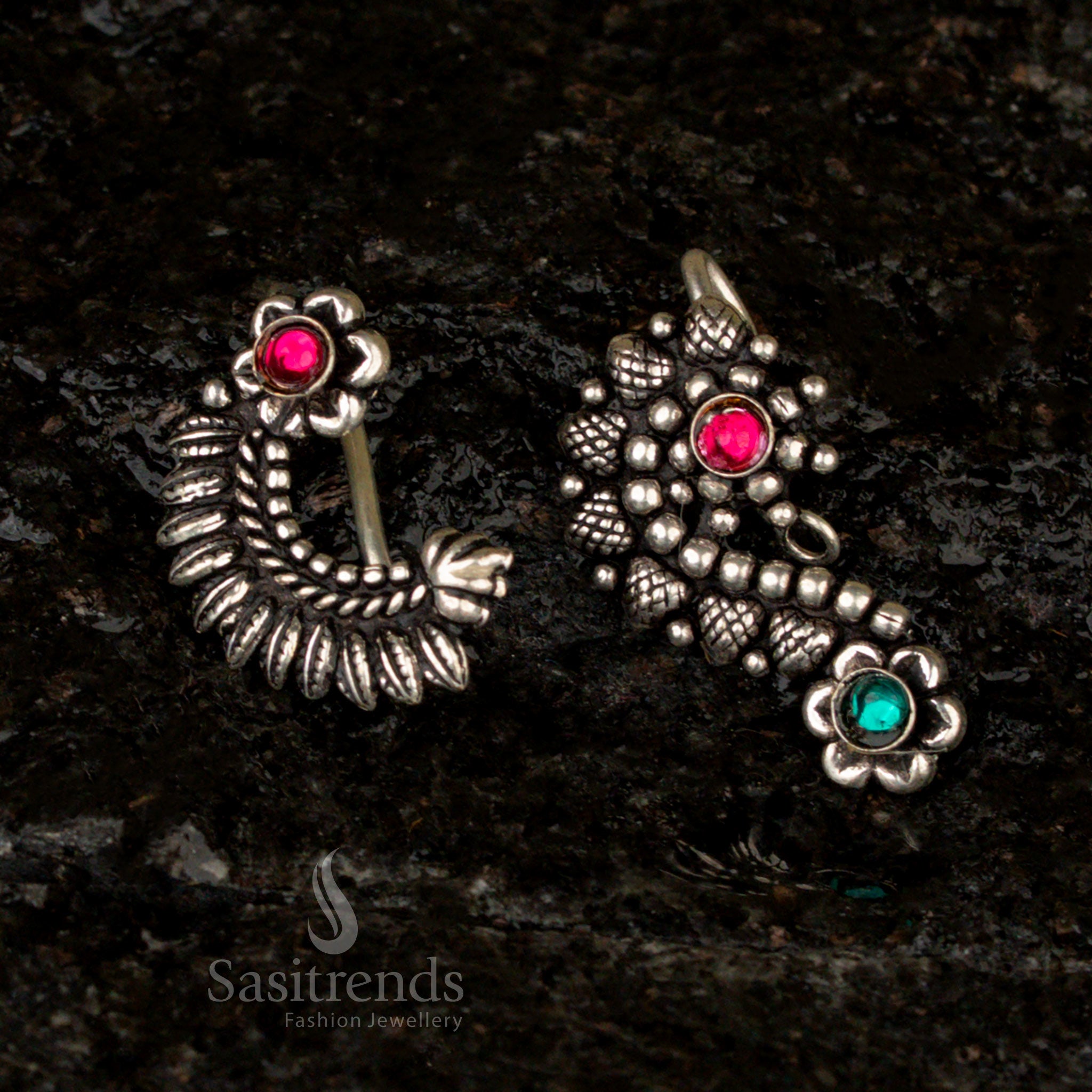 Traditional Oxidised German Silver Stone Nose Pin Sasitrends Online Shopping