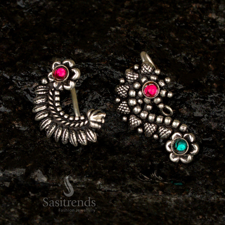 Beautiful Oxidised German Silver Stone Nose Pins Set - Traditional Elegance