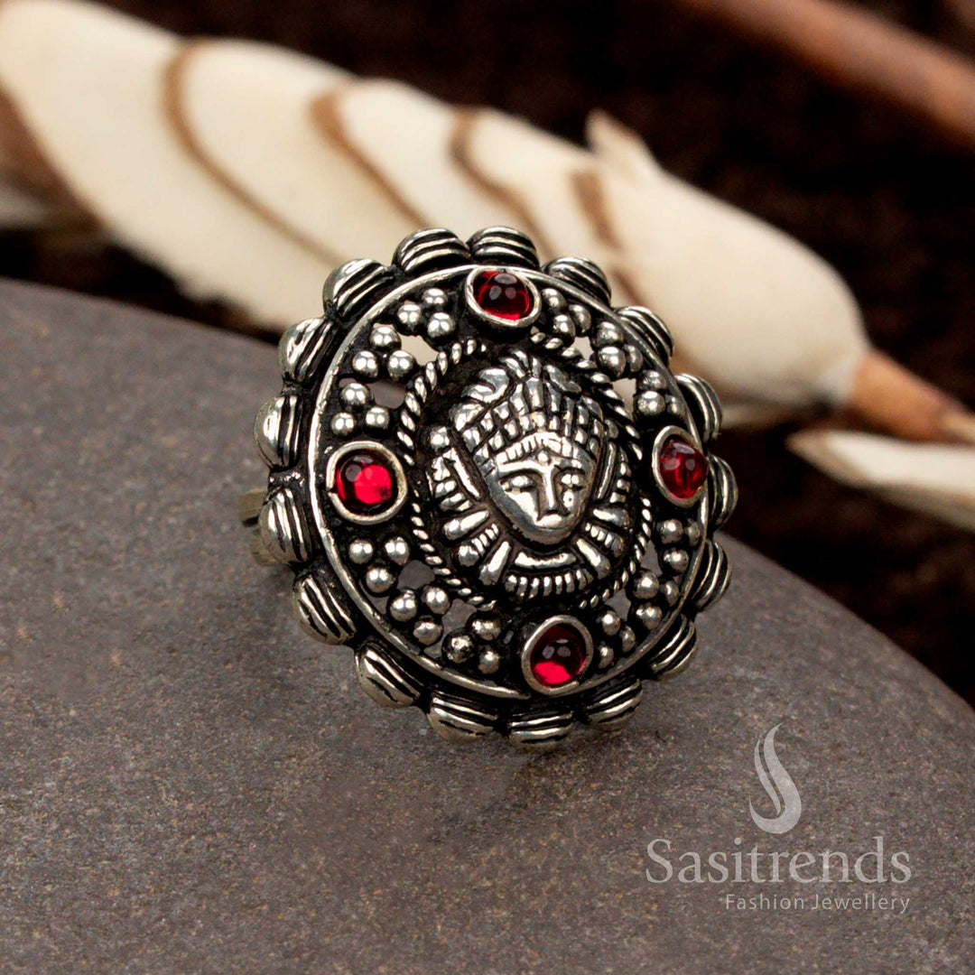 Oxidised German Silver Round Stone Studded Ring - Sasitrends