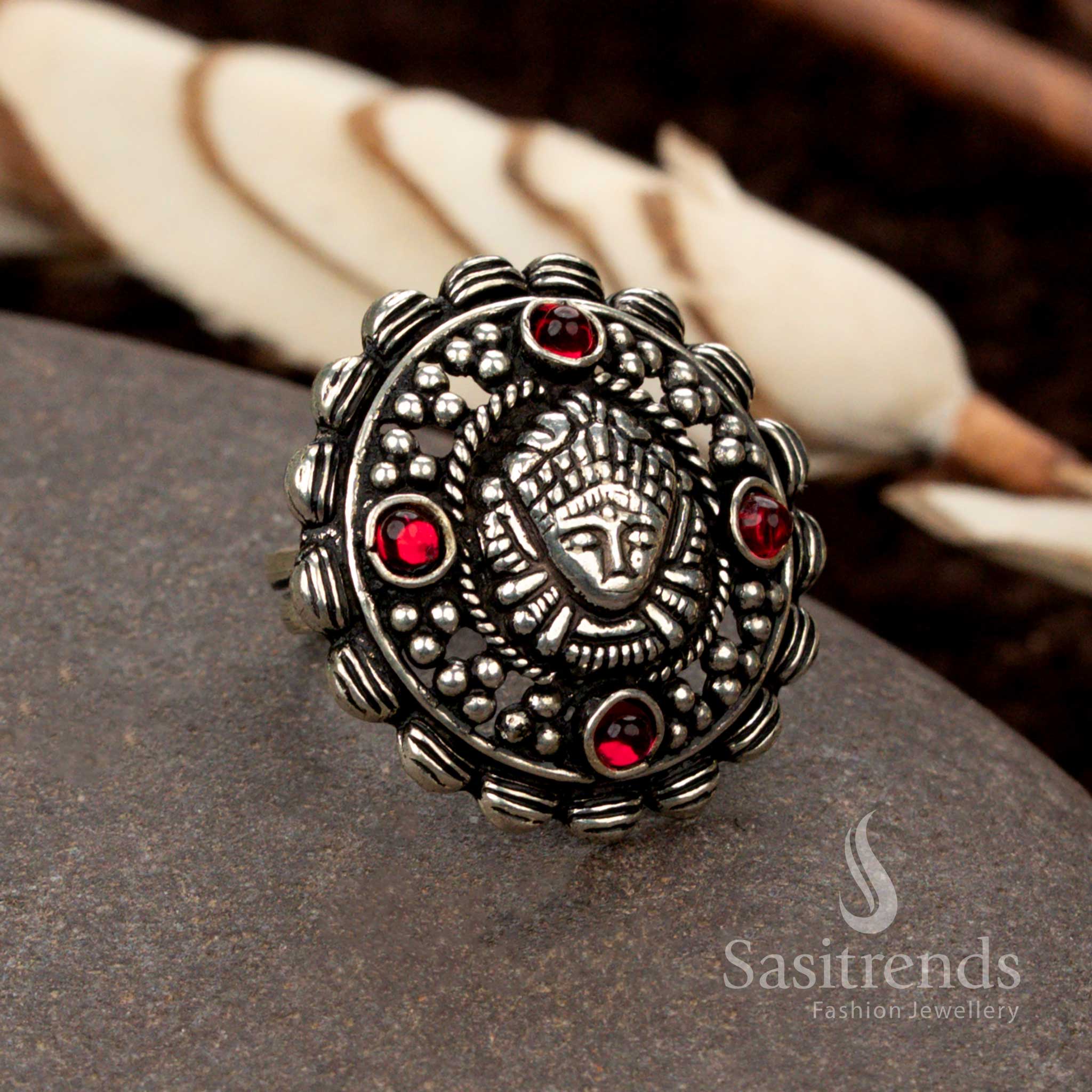 Oxidised German Silver Round Stone Studded Ring - Sasitrends