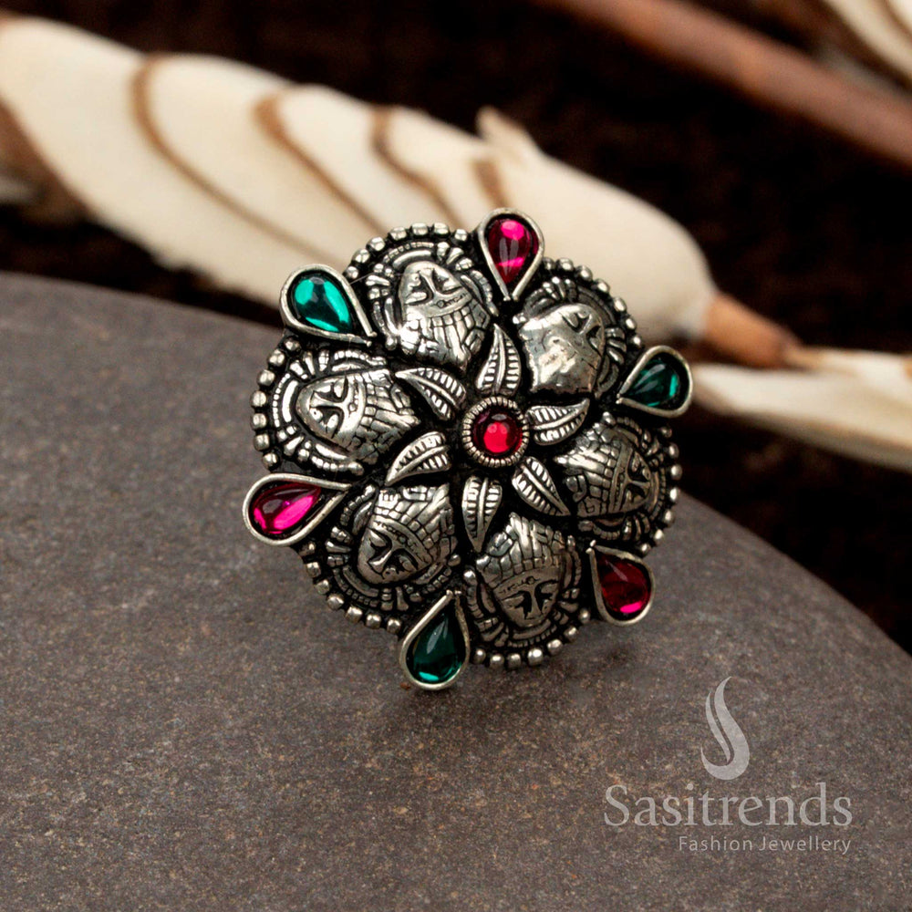 Adjustable oxidised German silver ring with intricate filigree star pattern, an ideal accessory for traditional and fusion wear - Sasitrends