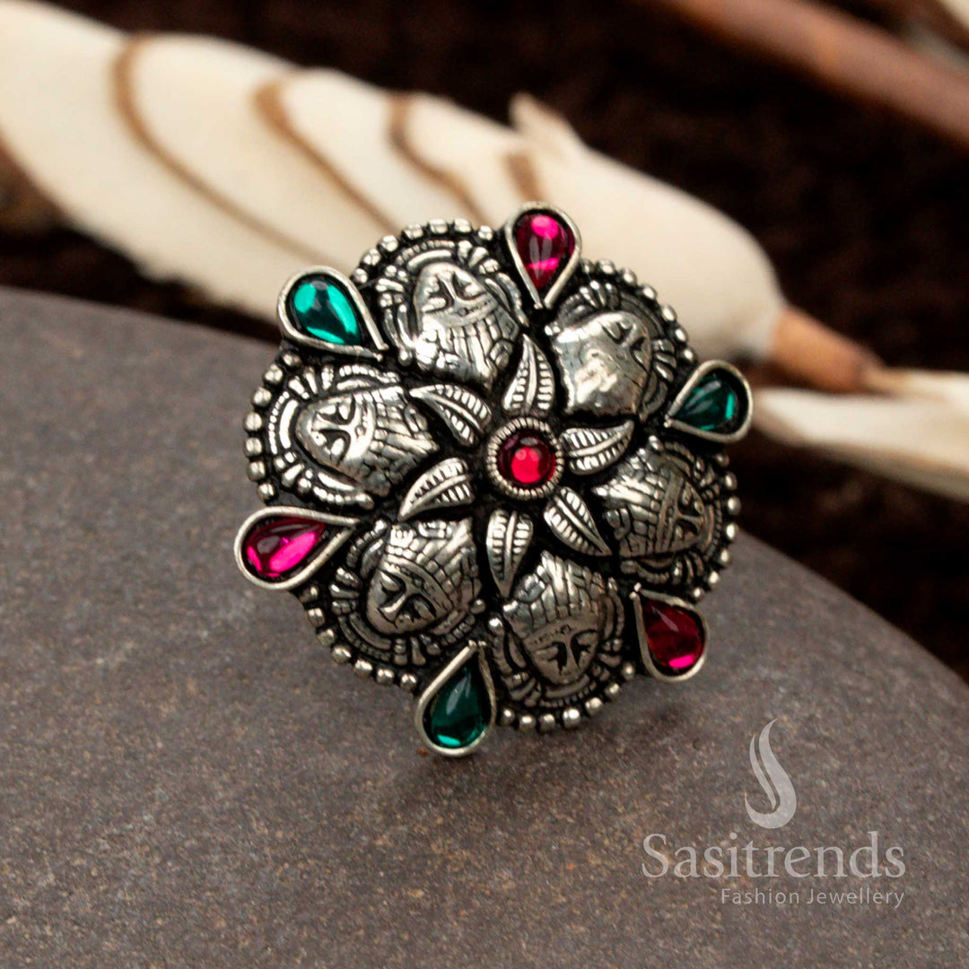 Antique finish oxidised German silver ring featuring a unique circle star design for a bold and elegant statement - Sasitrends