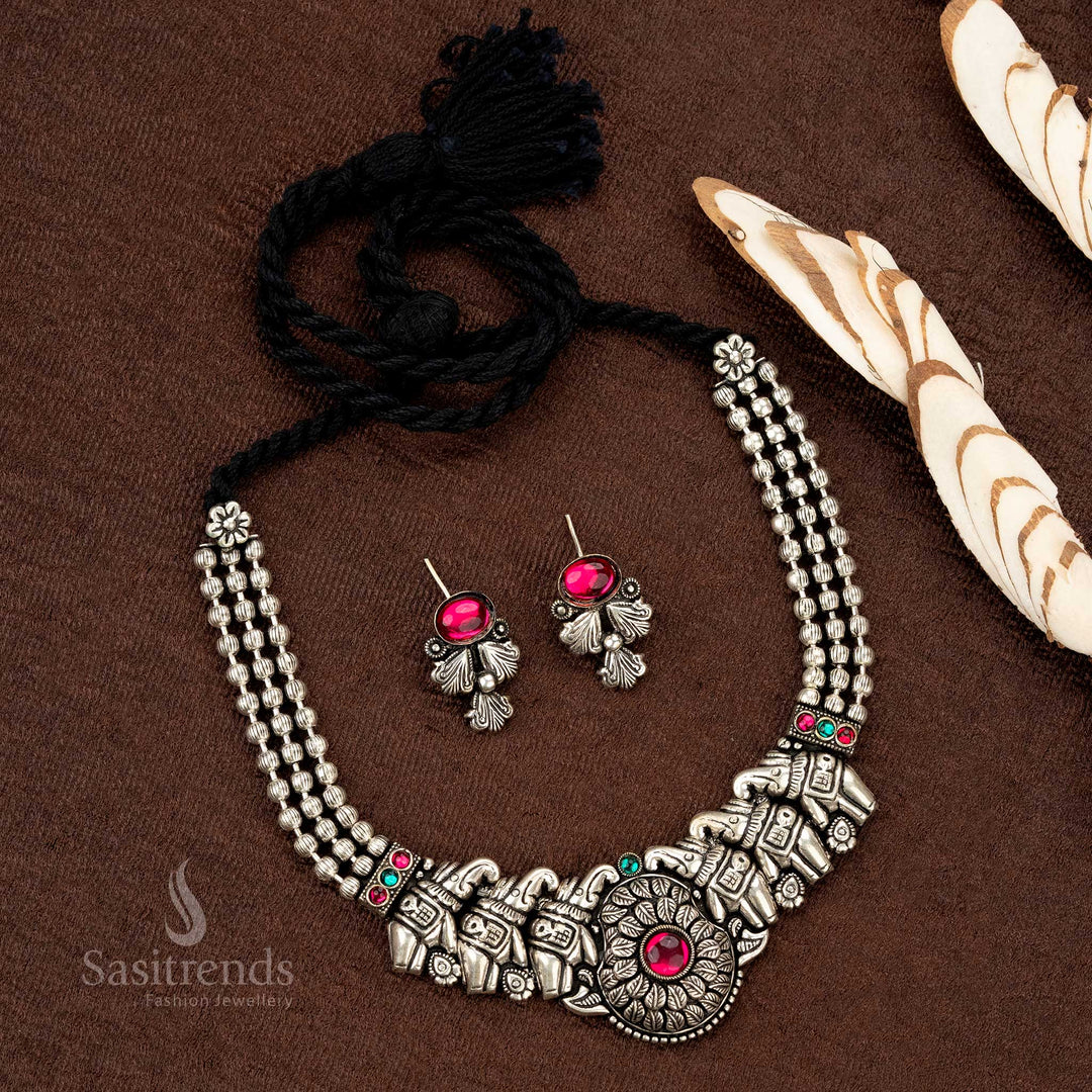 Stylish and durable oxidised engraved design necklace set for ethnic wear - Sasitrends