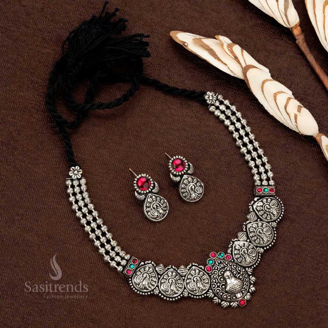 Oxidised finish necklace set with beaded layers and complementing earrings - Sasitrends