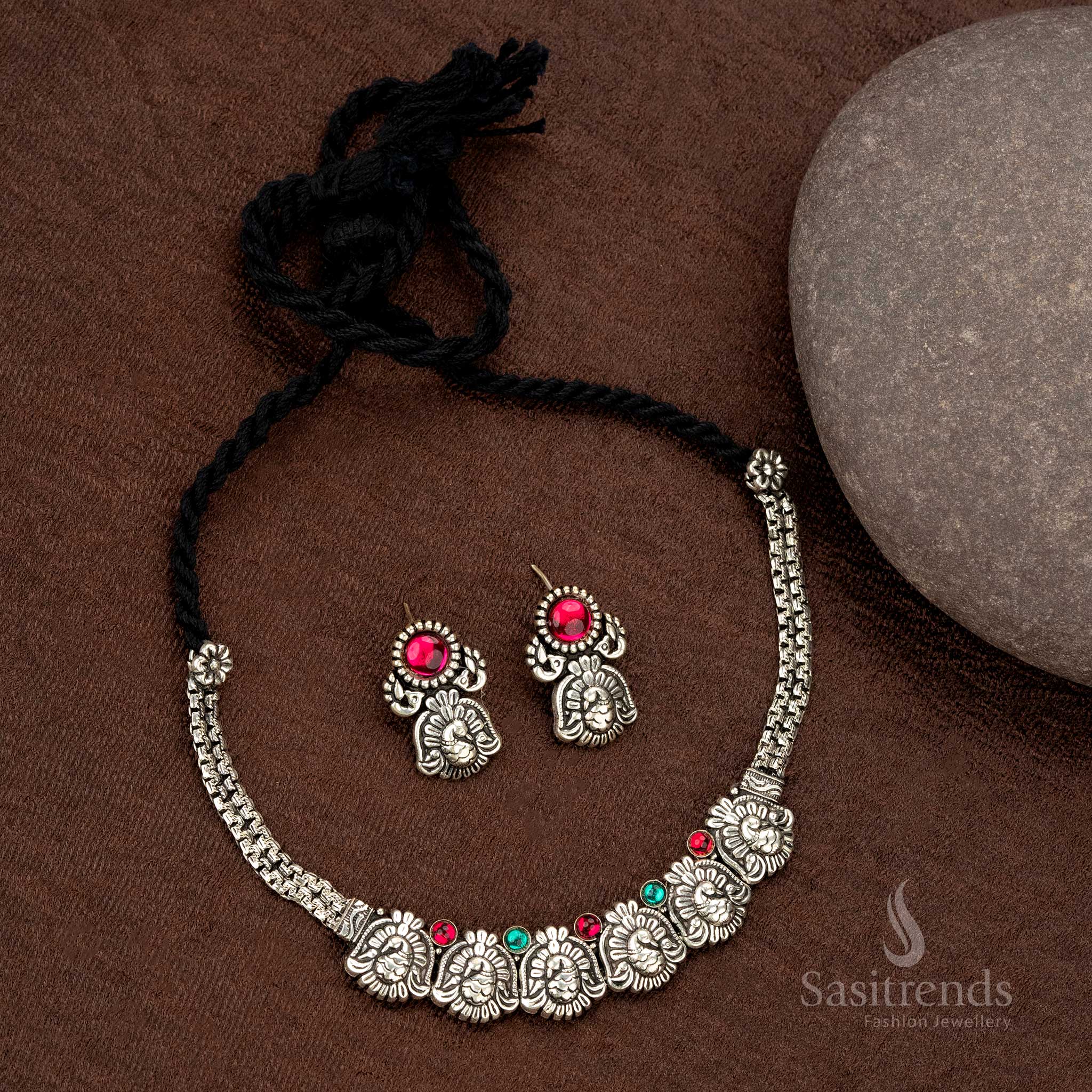 Oxidised peacock motif necklace set with adjustable thread closure - Sasitrends