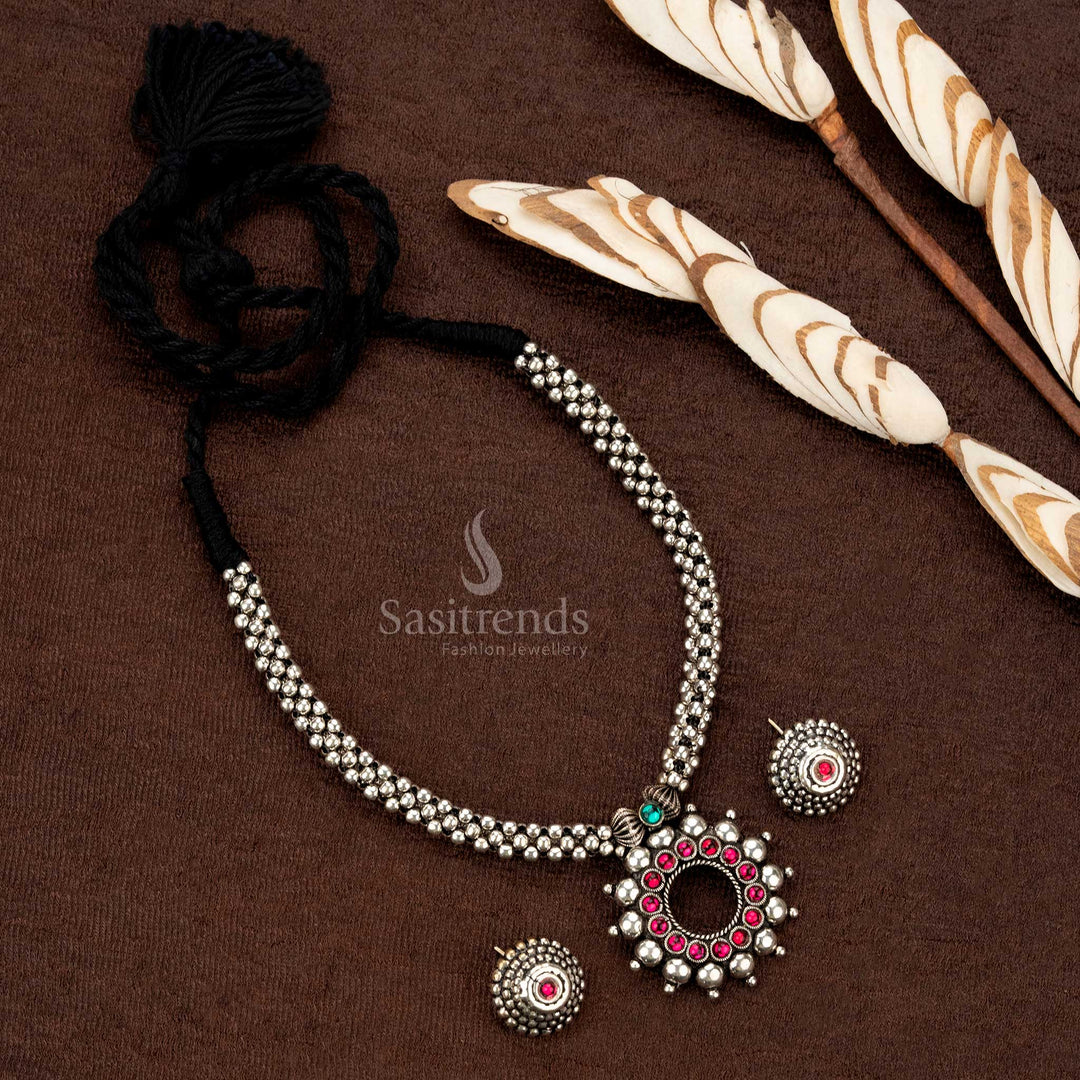 Statement oxidised circular pendant necklace set for cultural celebrations - Sasitrends