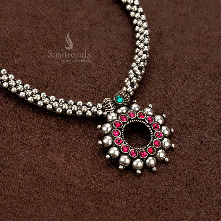Beautiful oxidised jewellery set featuring a circular sunburst pendant - Sasitrends