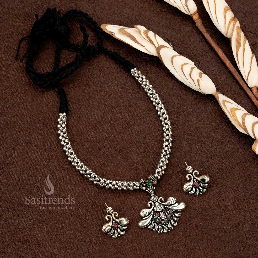 Oxidised finish necklace set with triple bead chain and complementing earrings - Sasitrends