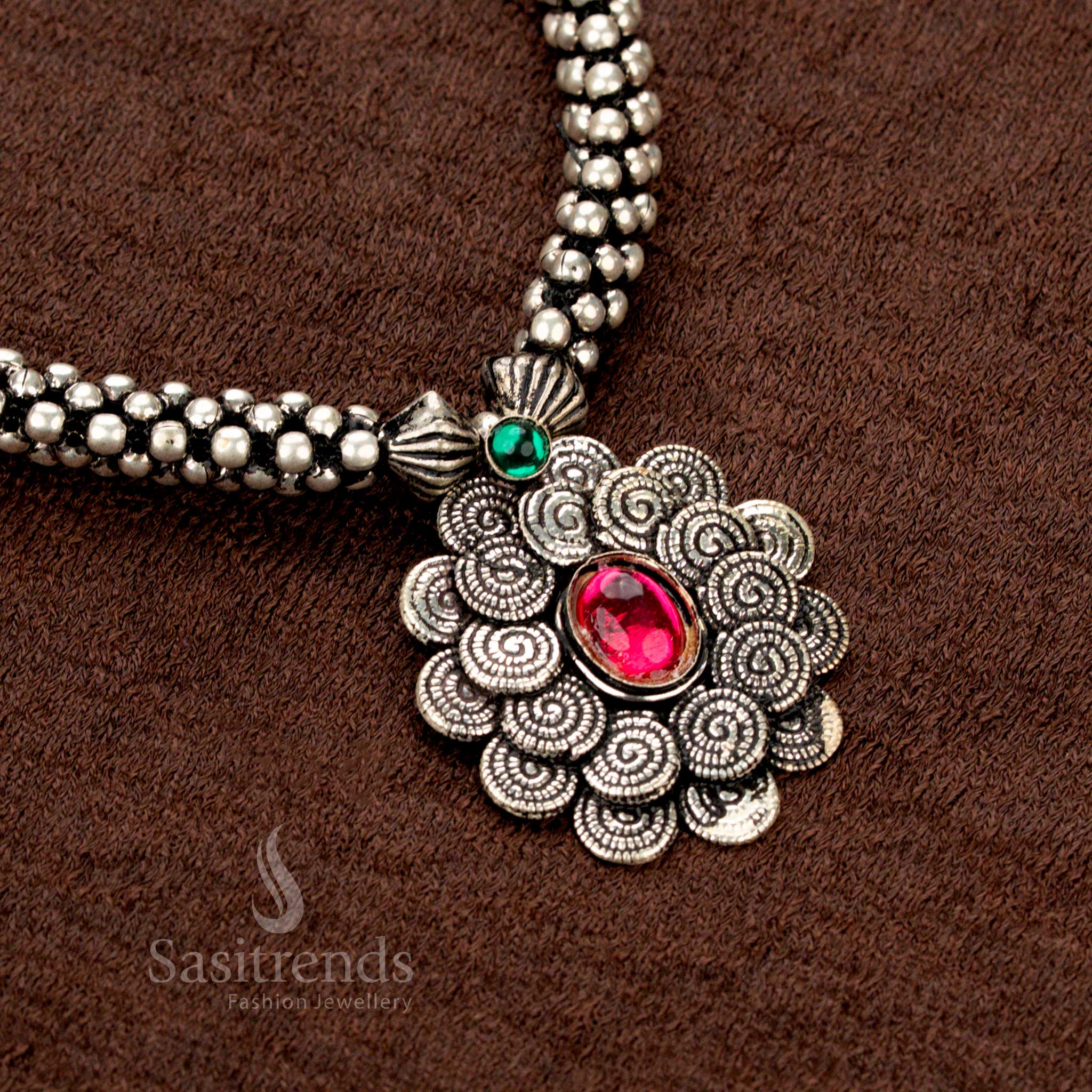 Kolapuri oxidised choker necklace with spiral floral pendant – Sasitrends