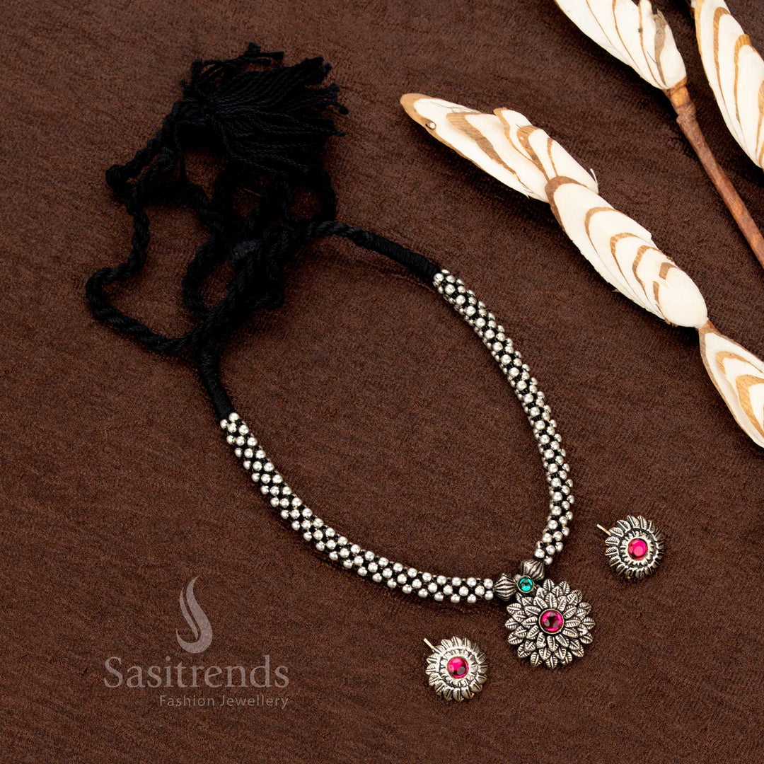 Navarathri special oxidised choker set with layered leaf design and stone accents – Sasitrends