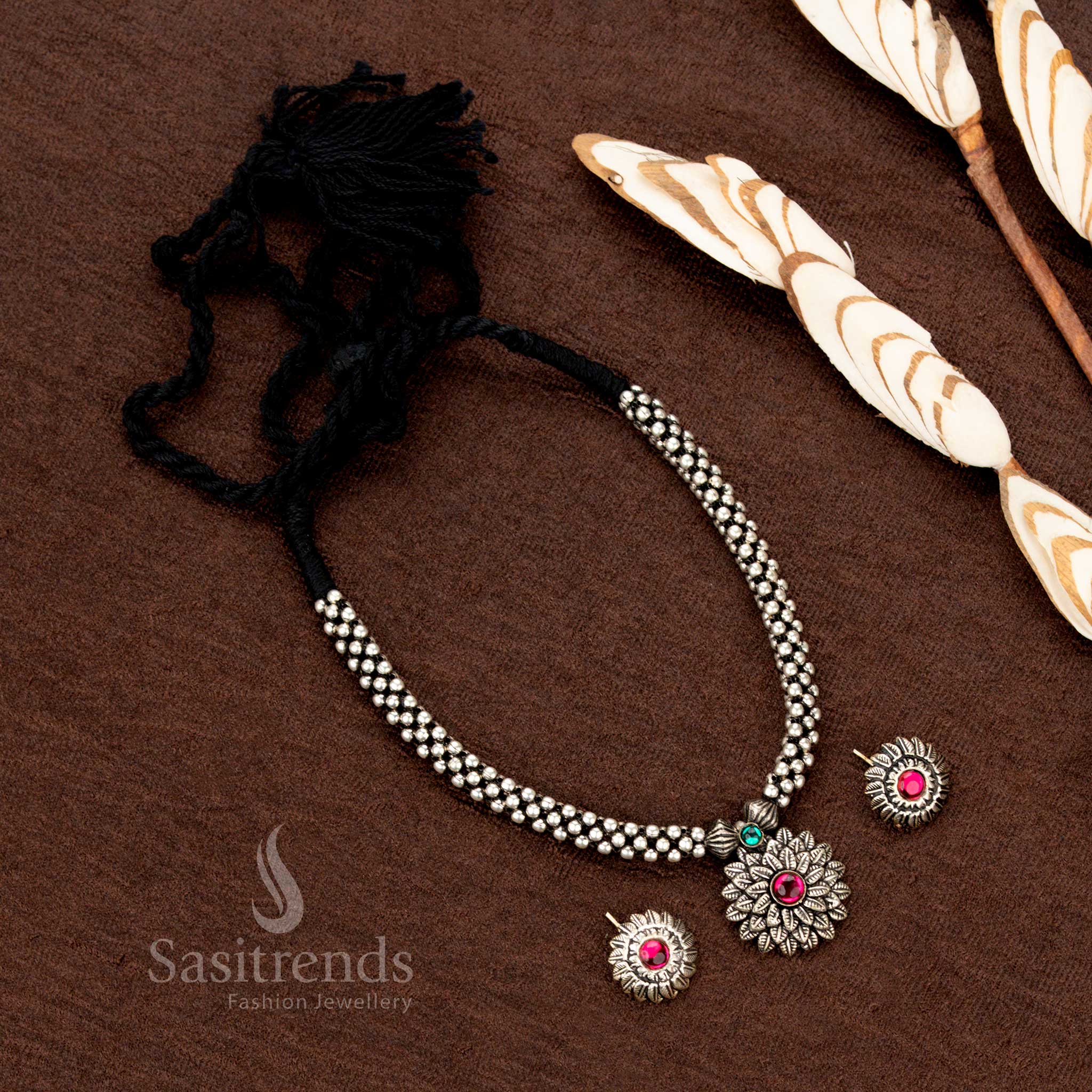 Navarathri special oxidised choker set with layered leaf design and stone accents – Sasitrends
