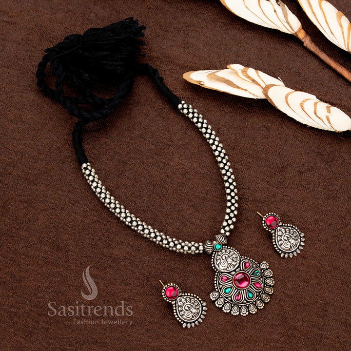 Stunning Kolapuri Oxidised Lakshmi Style Floral Pendant Jewellery Set with Double Strand Beads – Navarathri and Saree Wear - Sasitrends