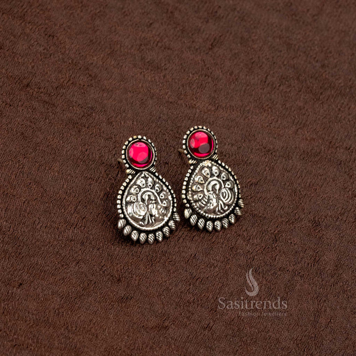 Exquisite oxidised peacock pendant necklace set featuring a traditional beaded chain and intricately designed earrings, perfect for luxury jewellery lovers - Sasitrends