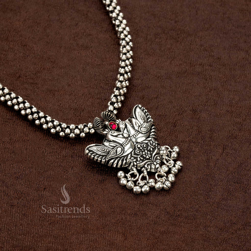 Stunning oxidised dual peacock pendant necklace set with an elegant beaded chain and matching earrings, crafted with premium artisan jewellery detailing - Sasitrends