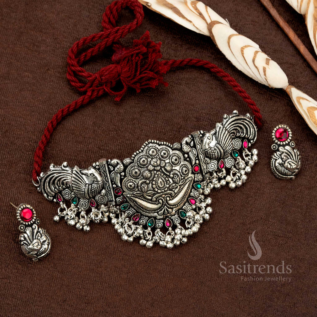 Stylish oxidised choker necklace set with adjustable thread closure - Sasitrends