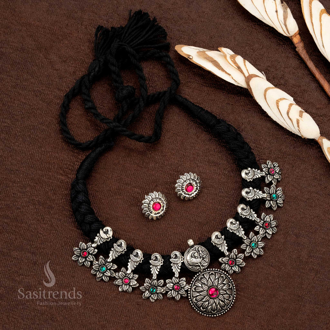 Oxidised finish necklace set with black thread chain and complementing earrings - Sasitrends