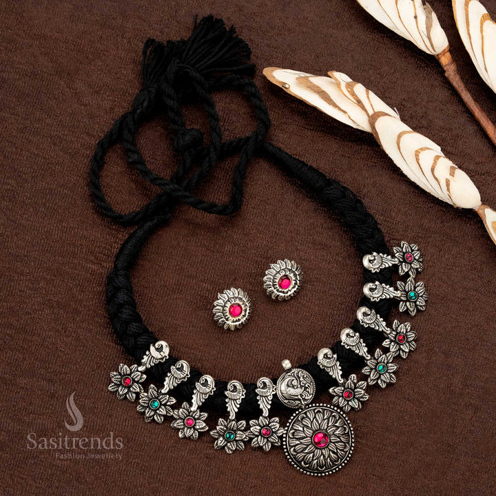 Wonderful Oxidised Thread Necklace Jewellery Set with Floral Engraved Circular Pendant & Earrings - Sasitrends