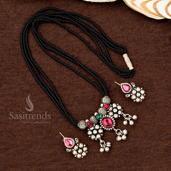 
Triple strand black beaded oxidised Mangalsutra set for Navarathri – Sasitrends