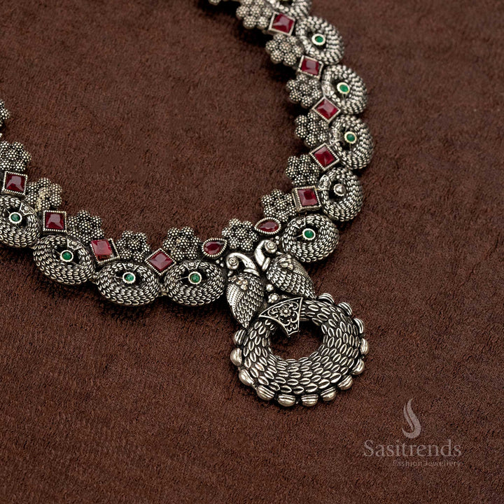 Oxidised dual peacock motif necklace set with adjustable thread closure - Sasitrends