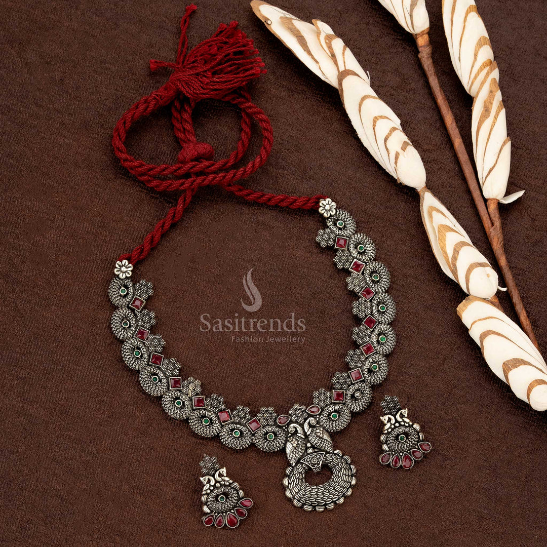High-quality oxidised jewellery set with dual peacock and stone embellishments - Sasitrends