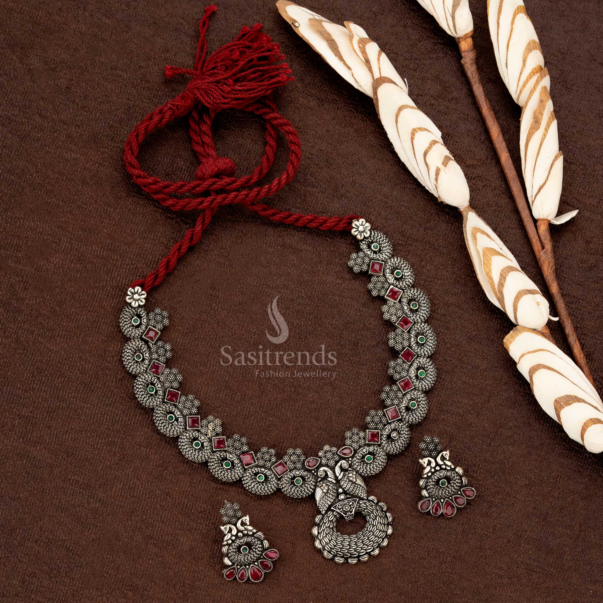 High-quality oxidised jewellery set with dual peacock and stone embellishments - Sasitrends