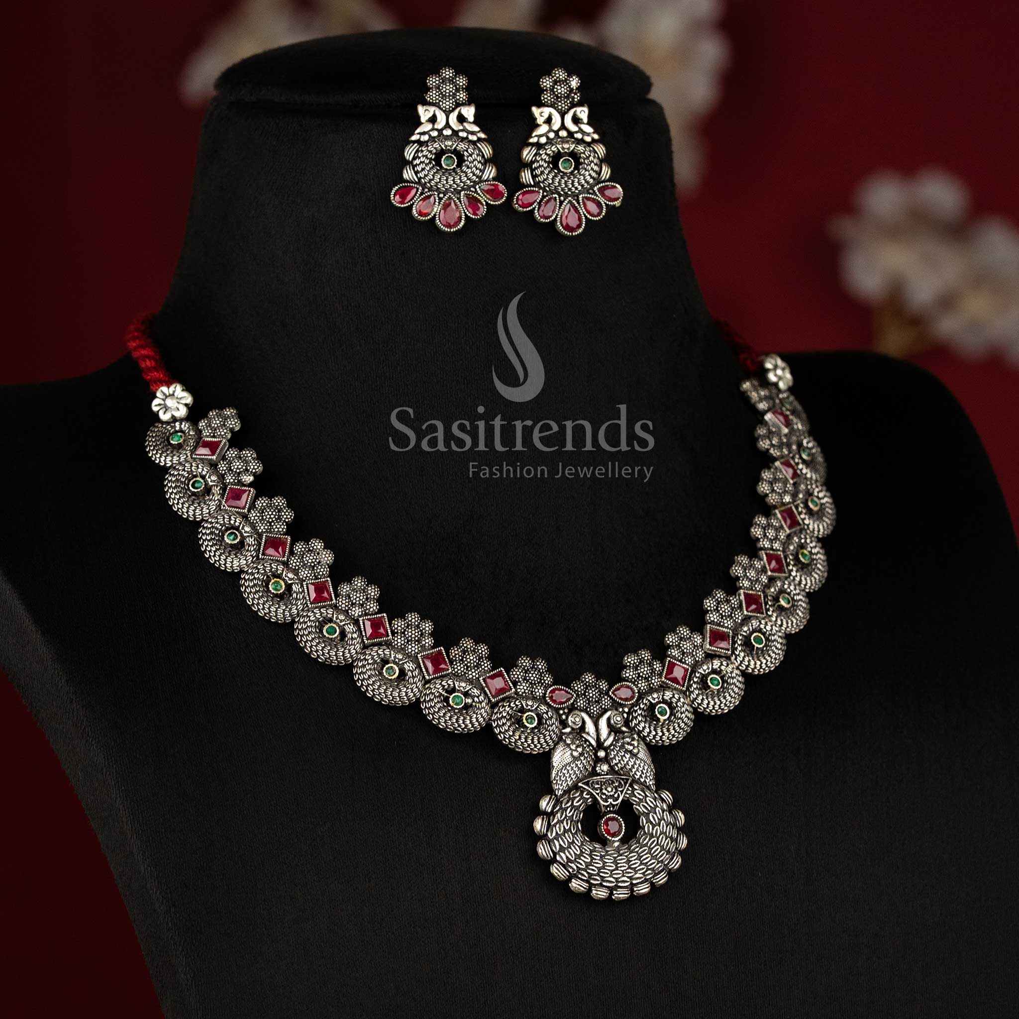 High-quality oxidised jewellery set with dual peacock and stone embellishments - Sasitrends 