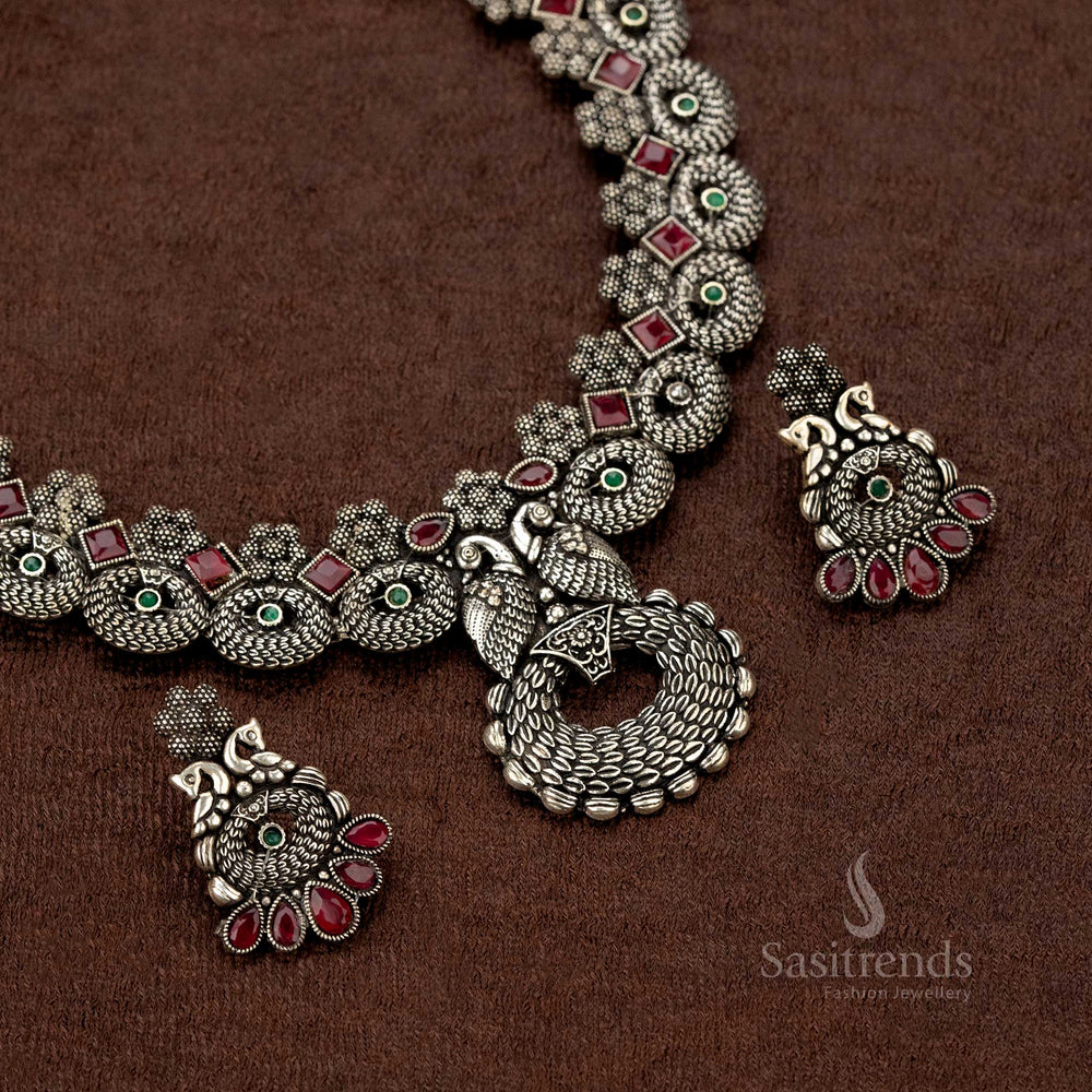 High-quality oxidised jewellery set with dual peacock and stone embellishments  - Sasitrends