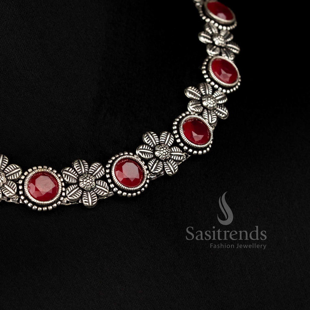 Elegant party wear German silver oxidised necklace jewellery set with Monalisa stones in stunning ruby red – a regal ethnic statement piece - Sasitrends