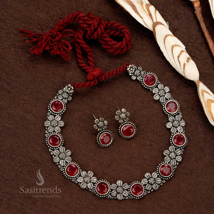 Exquisite Oxidised Party Wear Stones Stud Jewellery Set- Sasitrends