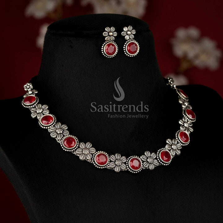 Elegant party wear German silver oxidised necklace jewellery set with Monalisa stones in stunning ruby red – a regal ethnic statement piece - Sasitrends
