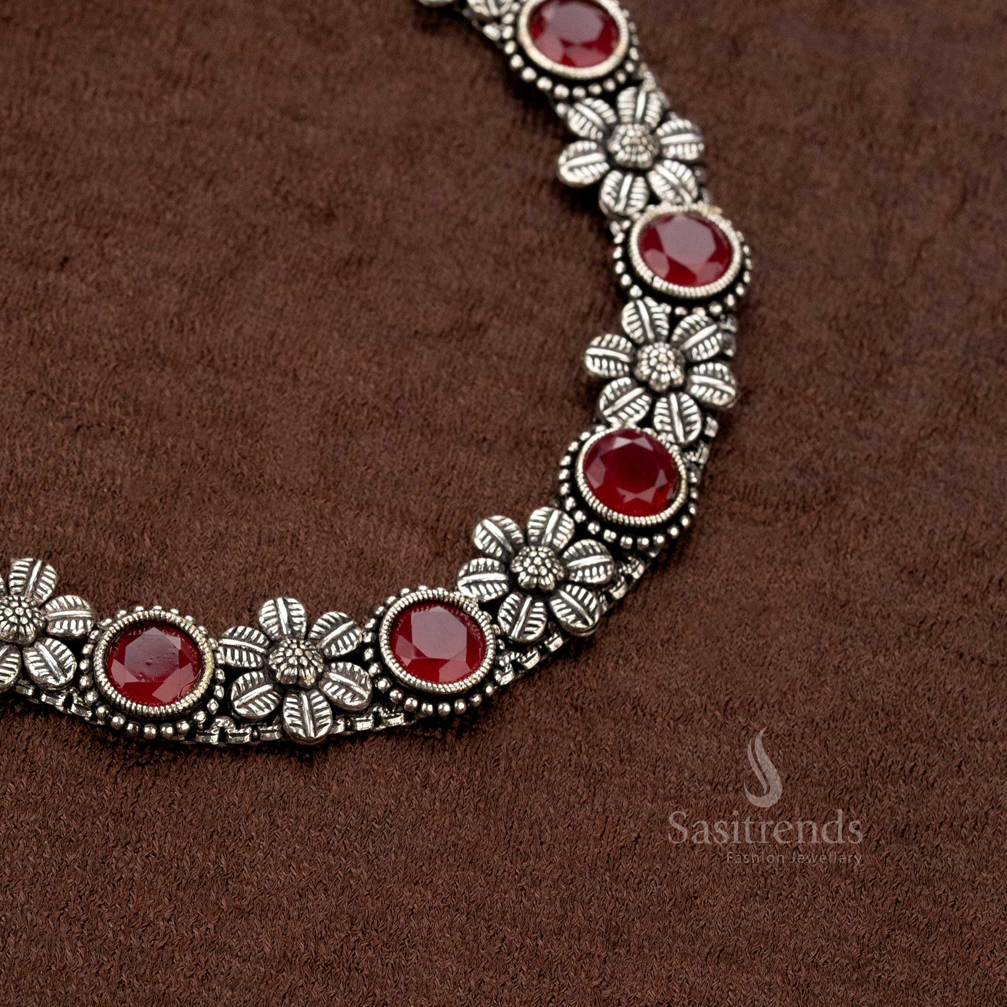 Handcrafted German silver oxidised necklace jewellery set with dazzling Monalisa ruby stones, a perfect fusion of vintage and modern fashion - Sasitrends