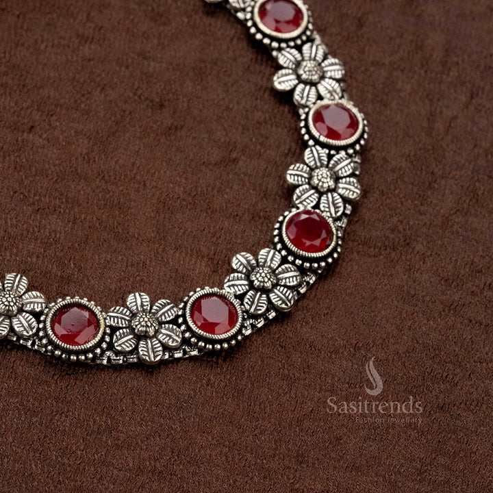 Handcrafted German silver oxidised necklace jewellery set with dazzling Monalisa ruby stones, a perfect fusion of vintage and modern fashion - Sasitrends
