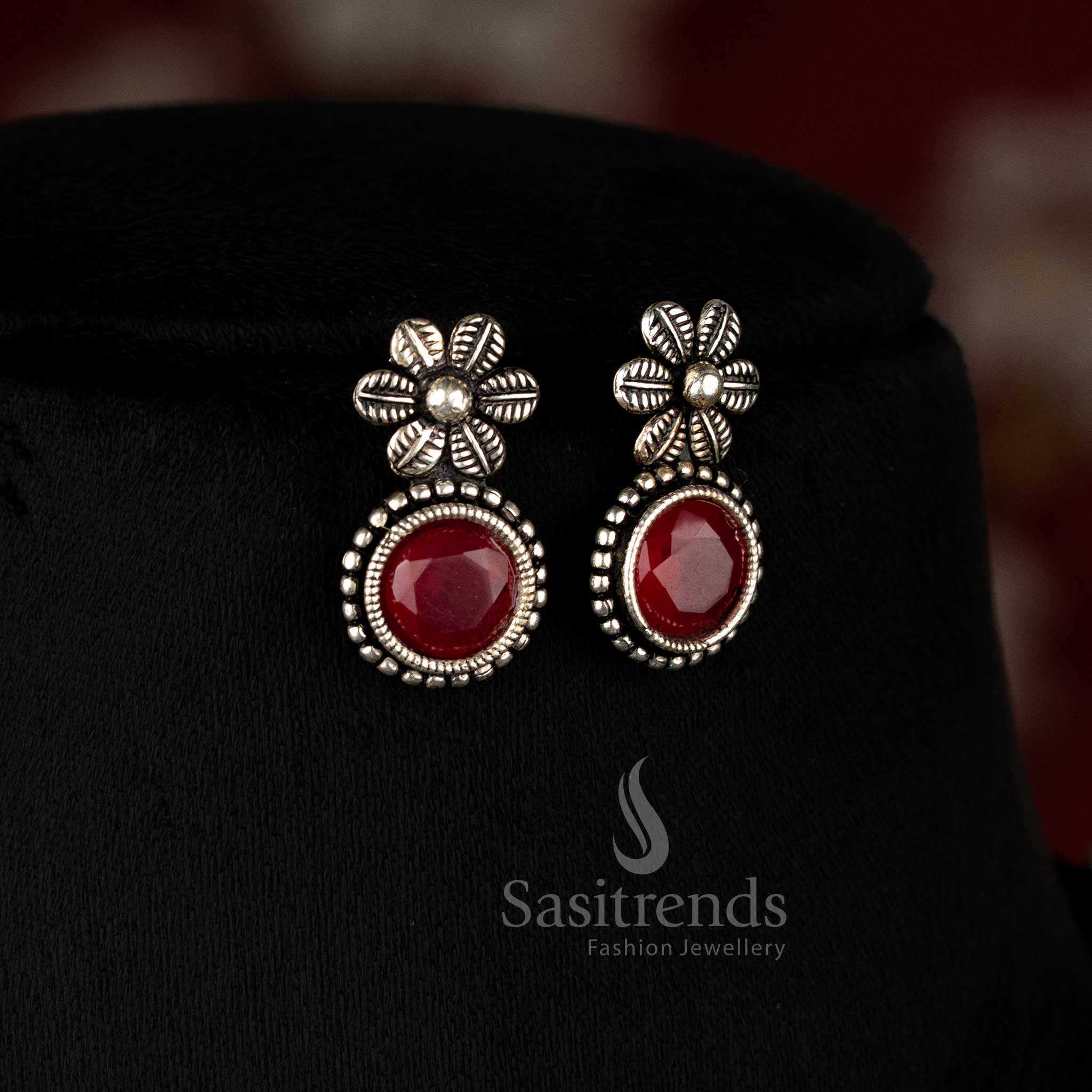 Elegant party wear German silver oxidised necklace jewellery set with Monalisa stones in stunning ruby red – a regal ethnic statement piece - Sasitrends