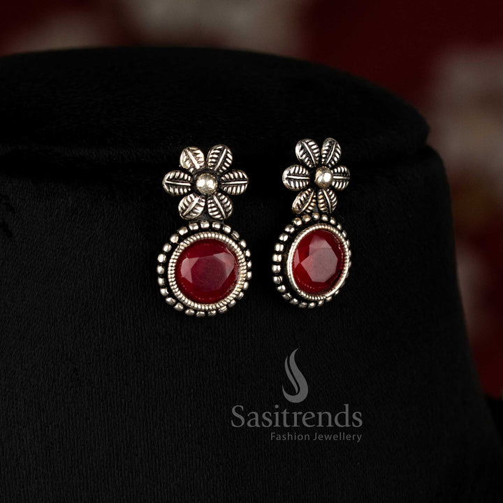 Elegant party wear German silver oxidised necklace jewellery set with Monalisa stones in stunning ruby red – a regal ethnic statement piece - Sasitrends