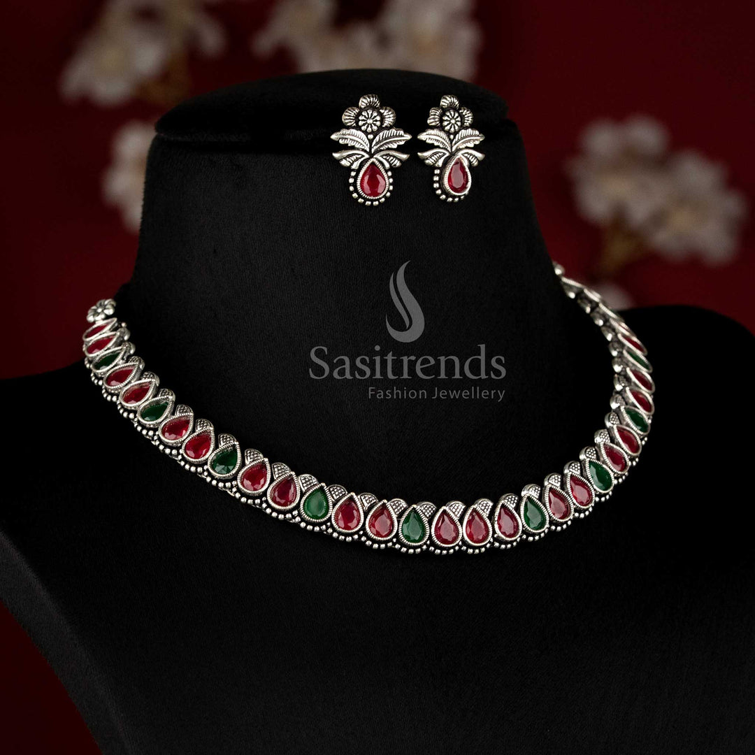 Traditional German silver oxidised necklace jewellery set with ruby-green Monalisa stones – a timeless heritage-style piece for grand occasions - Sasitrends