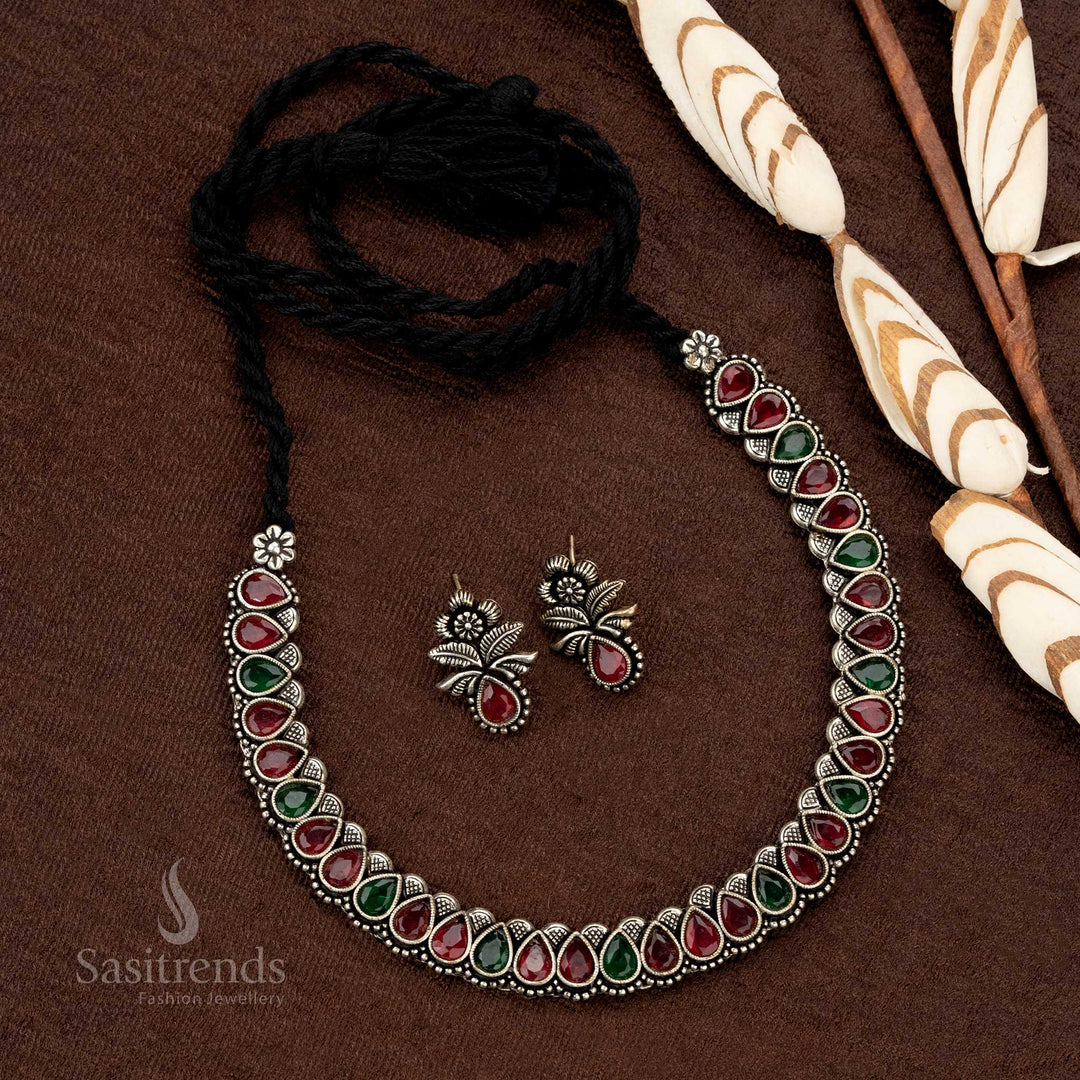 Traditional German silver oxidised necklace jewellery set with ruby-green Monalisa stones – a timeless heritage-style piece for grand occasions - Sasitrends