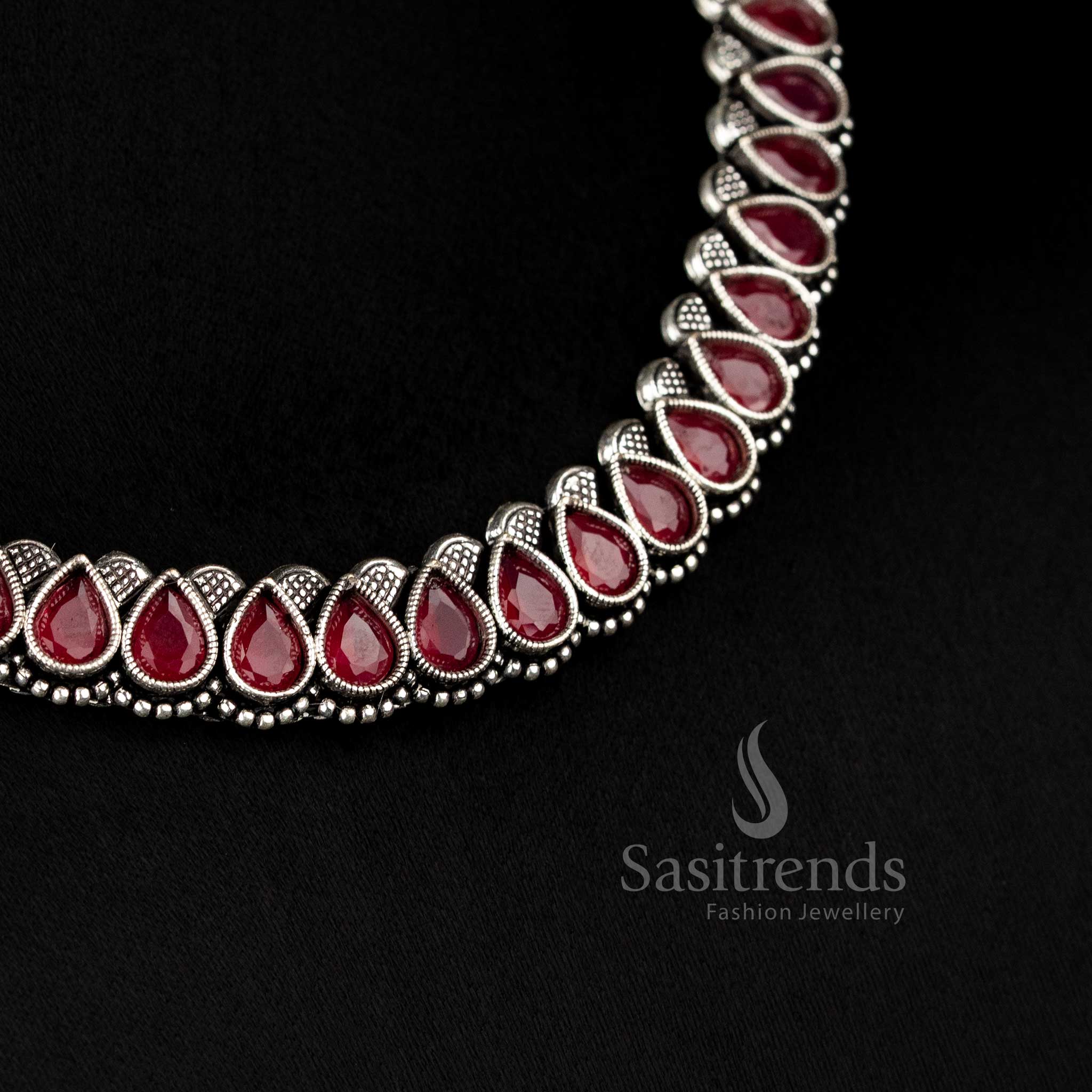 Traditional German silver oxidised necklace jewellery set with ruby-Monalisa stones – a timeless heritage-style piece for grand occasions - Sasitrends