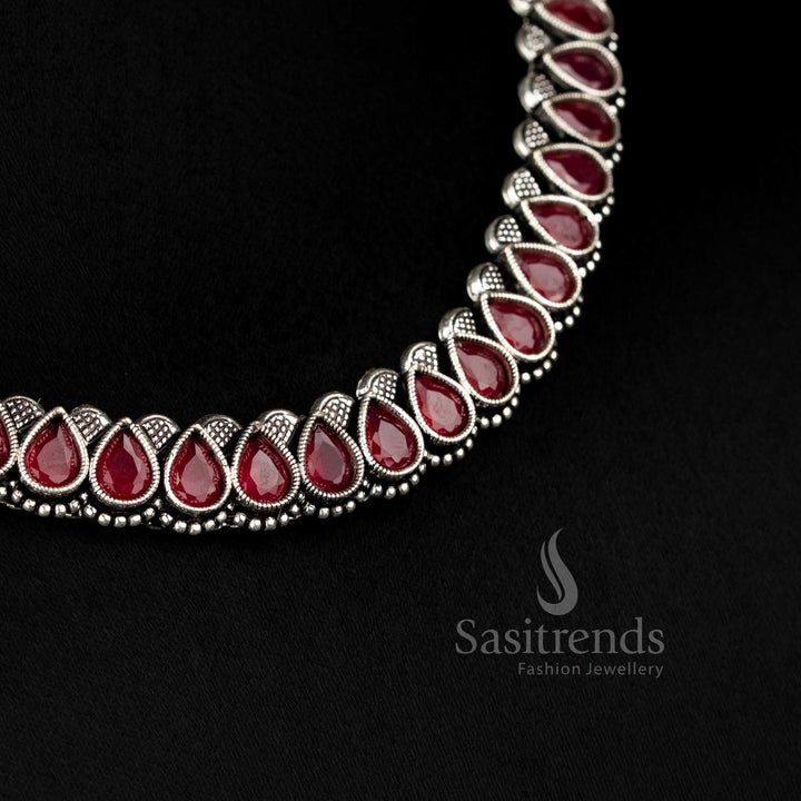 Traditional German silver oxidised necklace jewellery set with ruby-Monalisa stones – a timeless heritage-style piece for grand occasions - Sasitrends