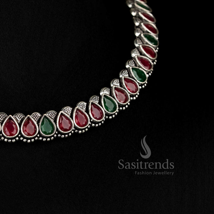 Traditional German silver oxidised necklace jewellery set with ruby-green Monalisa stones – a timeless heritage-style piece for grand occasions - Sasitrends