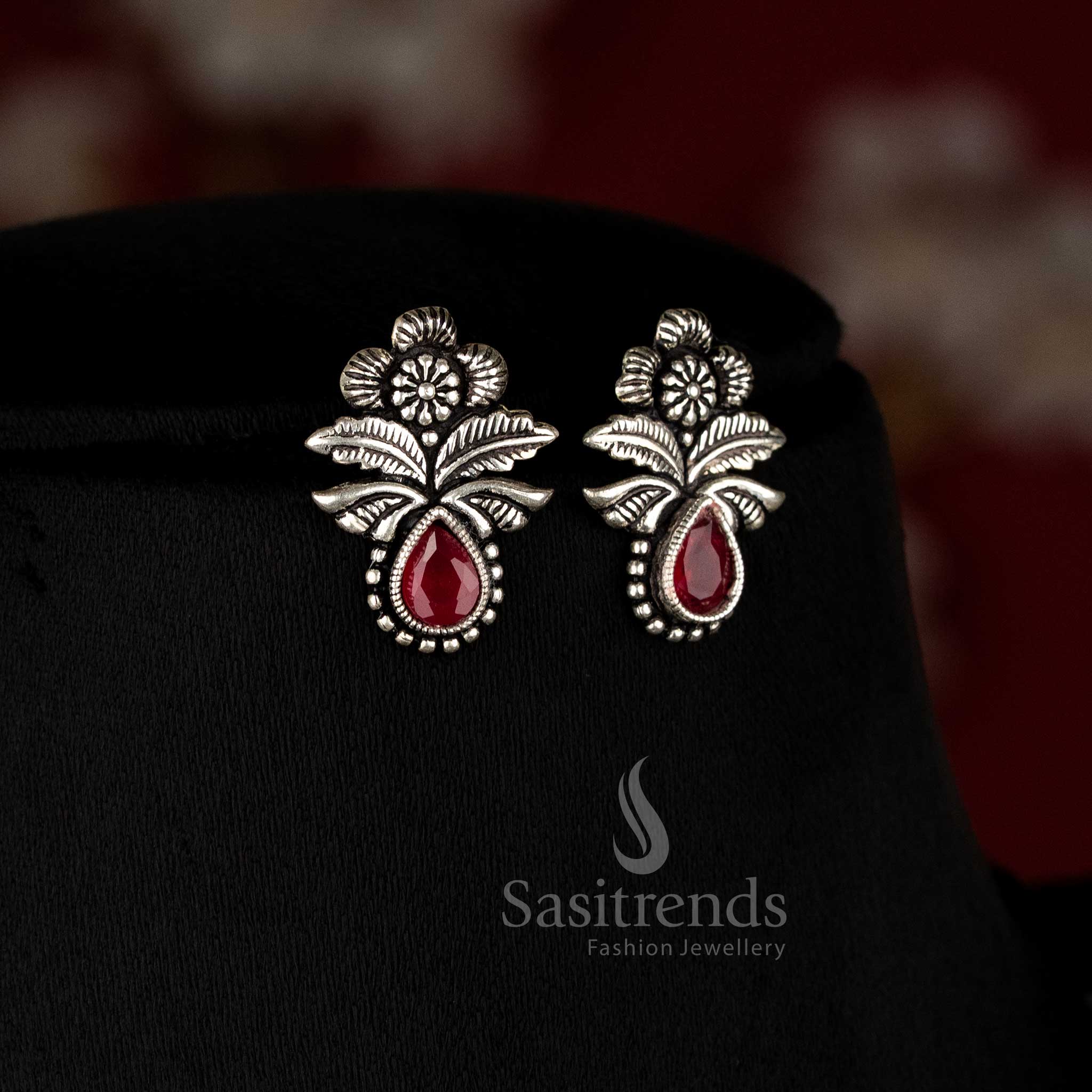 Traditional German silver oxidised necklace jewellery set with ruby-Monalisa stones – a timeless heritage-style piece for grand occasions - Sasitrends