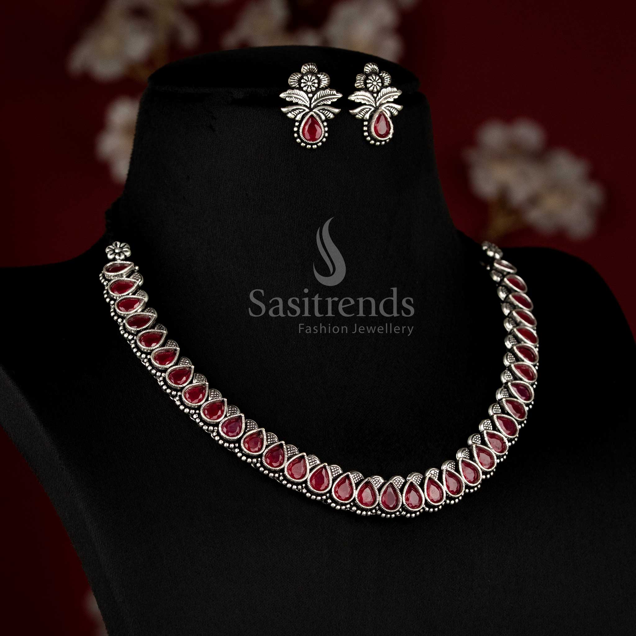 Traditional German silver oxidised necklace jewellery set with ruby-Monalisa stones – a timeless heritage-style piece for grand occasions - Sasitrends