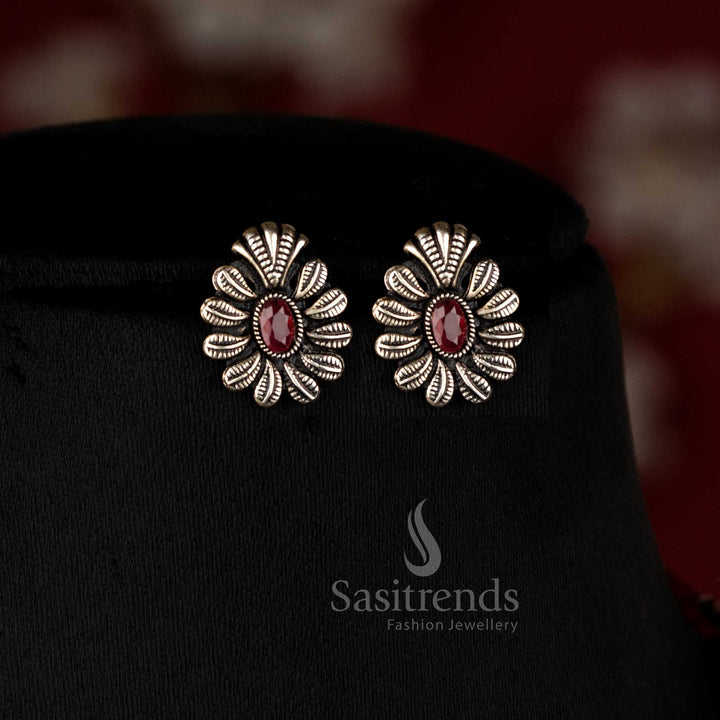 Oxidised oval stone necklace set with thread closure and matching earrings, featuring deep ruby-colored stones, perfect for ethnic and festive jewellery collections - Sasitrends 