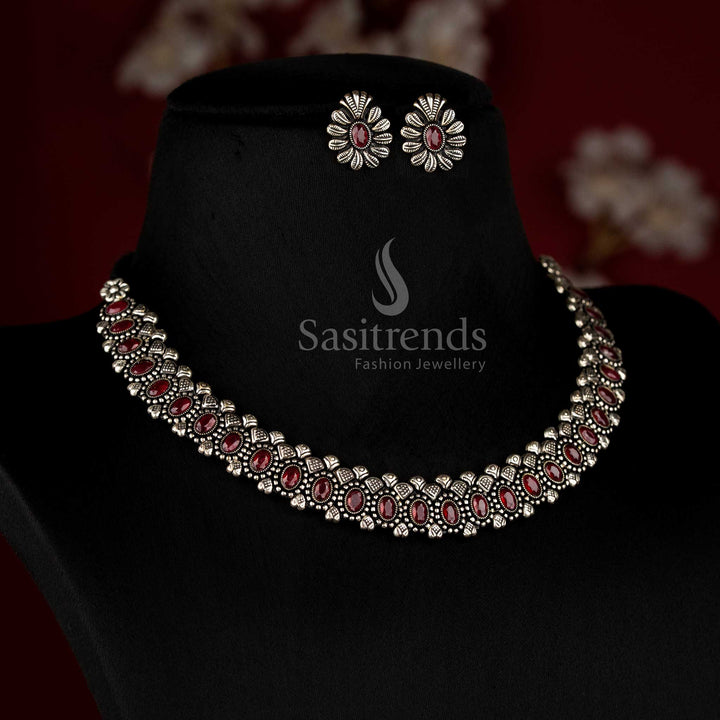 Wonderful Oxidised Oval Stone Necklace Jewellery Set with Thread Closure & Matching Earrings For Party Wear - Sasitrends